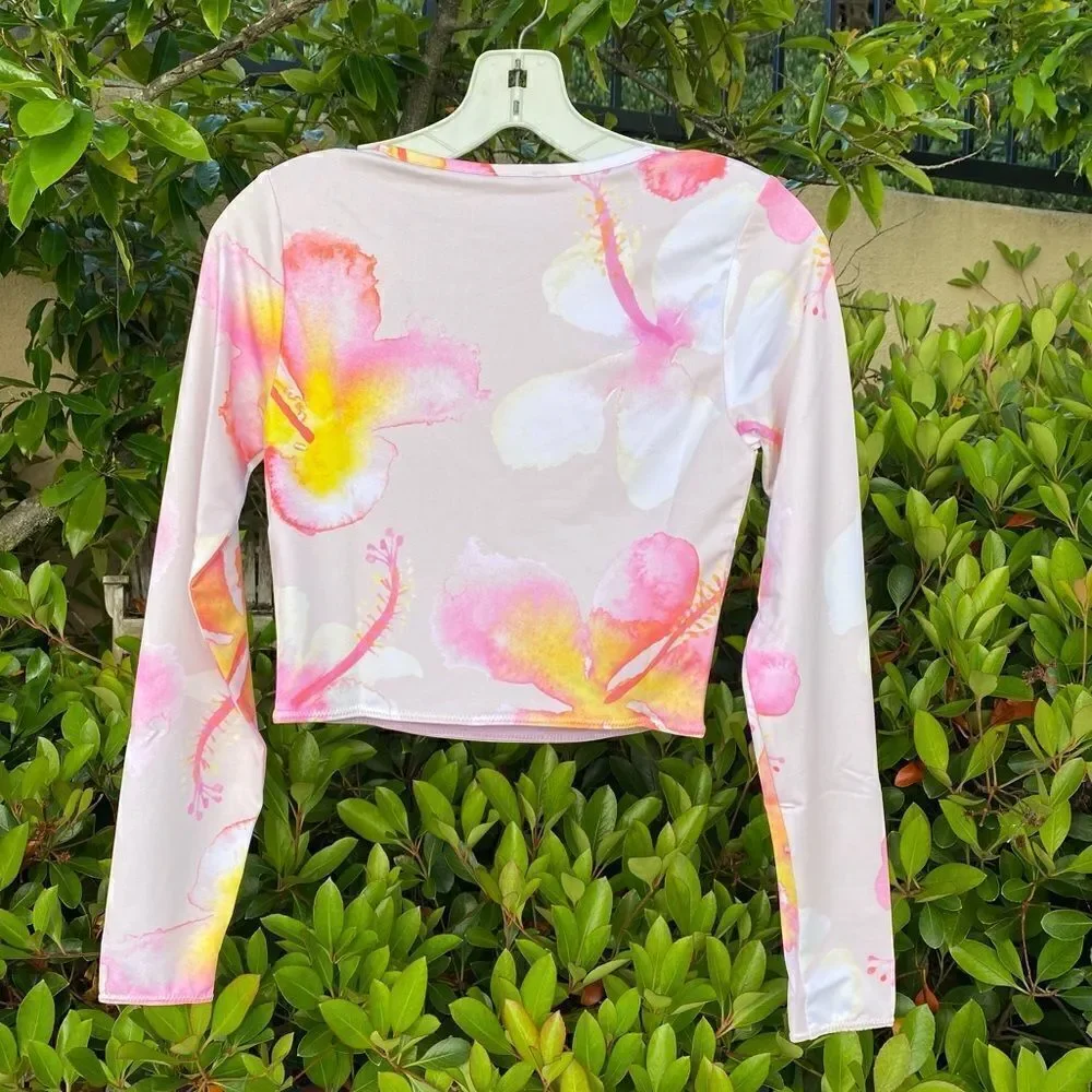 Chaser Girls Floral Print Long Sleeve Scuba Cover Up Beach Top. Small. New NWT